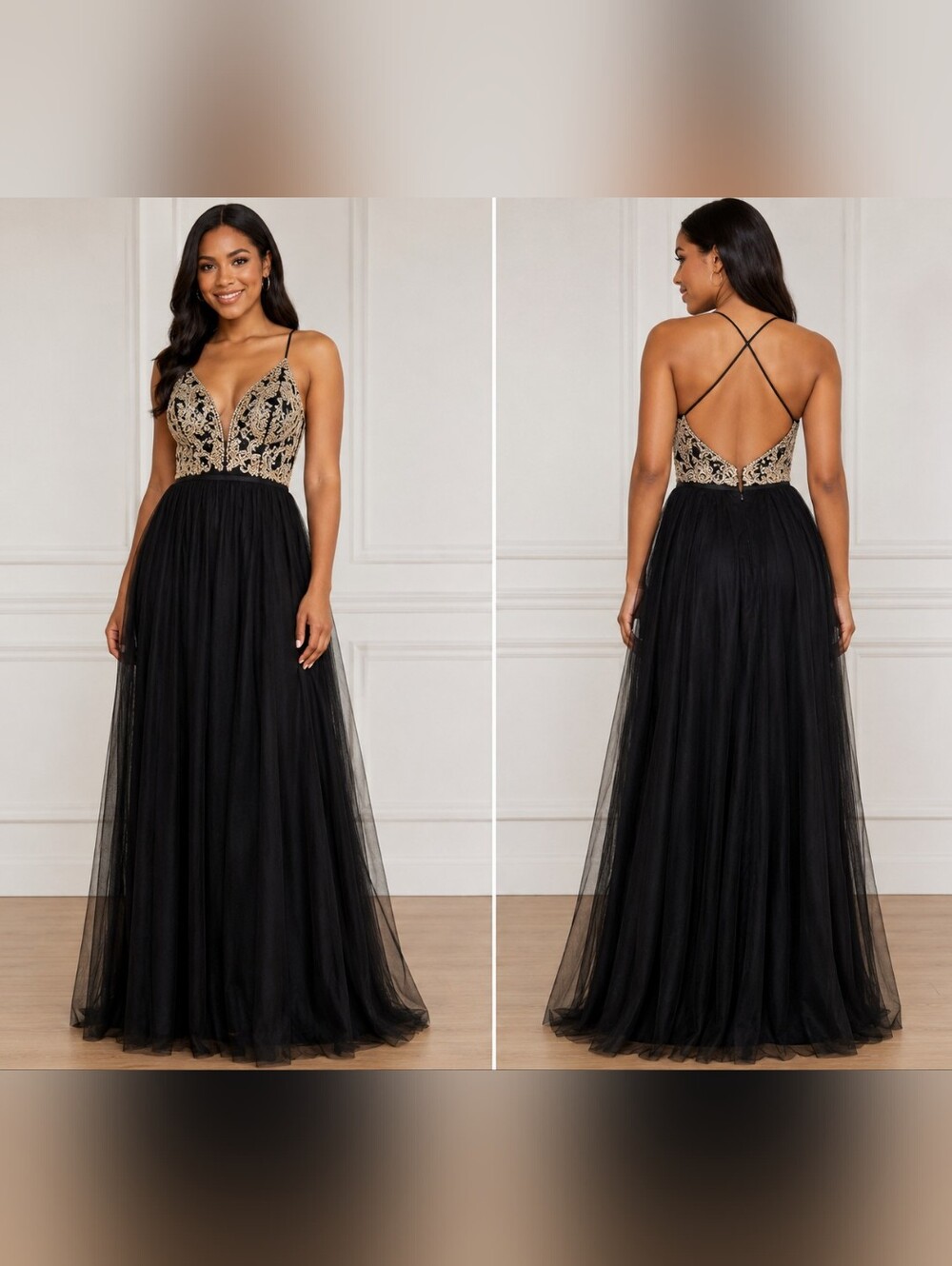 Black & Gold Embroidered Tulle Formal Gown – New With Tags     P97